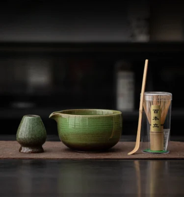 Ceramic Matcha Bowl Set - Dark Green Glaze